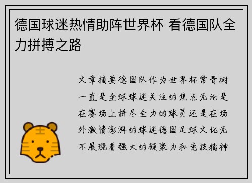 德国球迷热情助阵世界杯 看德国队全力拼搏之路