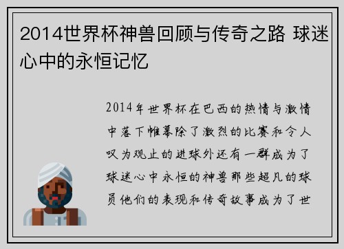 2014世界杯神兽回顾与传奇之路 球迷心中的永恒记忆