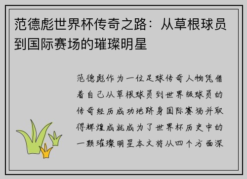 范德彪世界杯传奇之路：从草根球员到国际赛场的璀璨明星