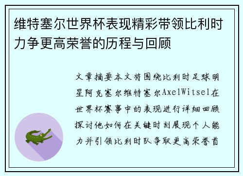 维特塞尔世界杯表现精彩带领比利时力争更高荣誉的历程与回顾